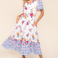 Haptics Printed Notched Short Sleeve Tiered Dress