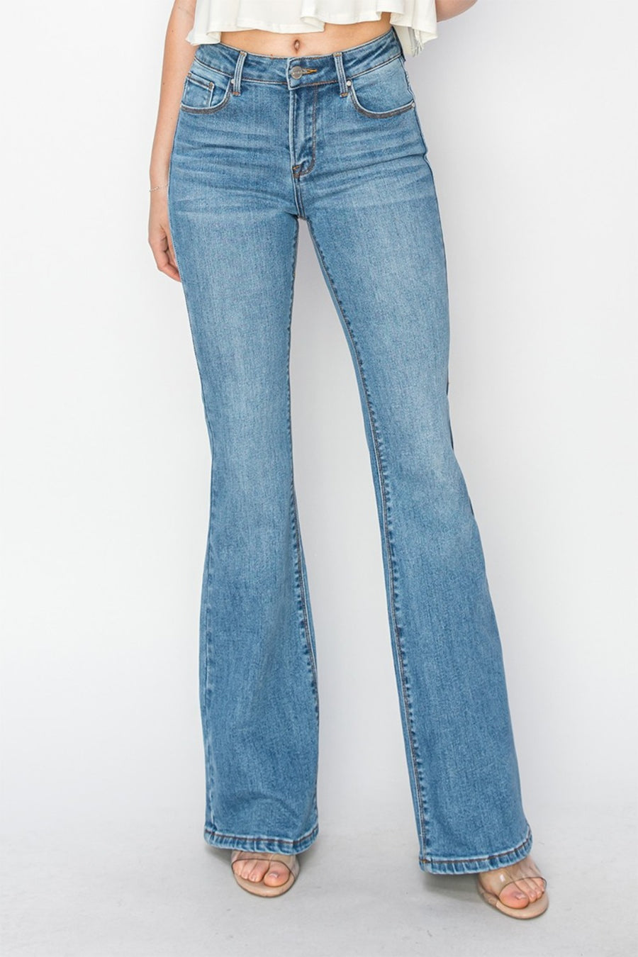 RISEN Mid Rise Flare Jeans with Pockets