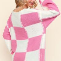 Haptics Full Size Checkered Round Neck Drop Shoulder Sweater