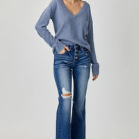 RISEN Distressed Button-Fly Flare Jeans