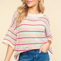 Haptics Striped Crochet Drop Shoulder Knit Top