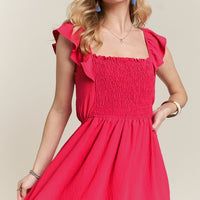 ADORA Smocked Square Neck Ruffled Cap Sleeve Dress