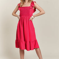 ADORA Smocked Square Neck Ruffled Cap Sleeve Dress