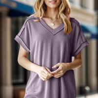 Heimish Full Size Exposed Seam Short Sleeve Ribbed Top