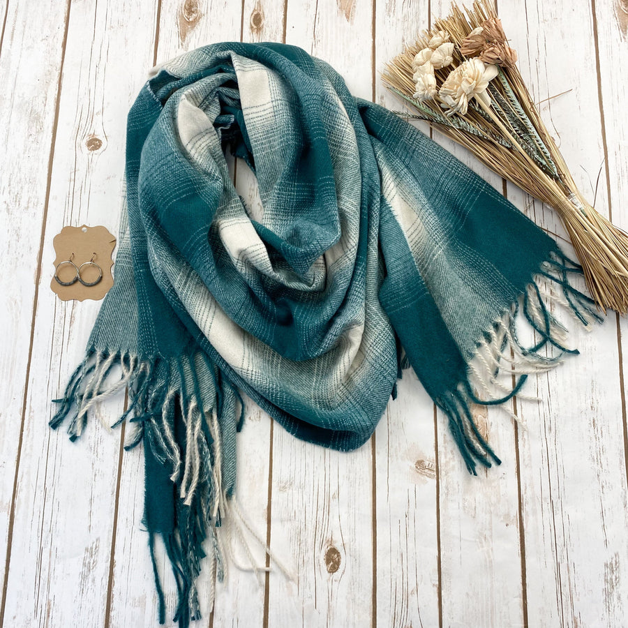 IN STOCK Fringe Plaid Scarf - Teal