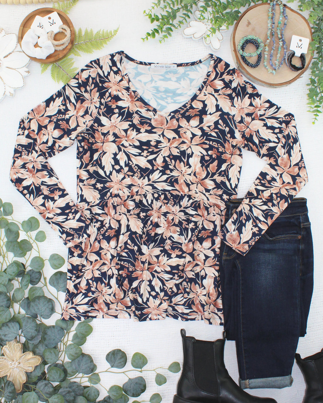IN STOCK Long Sleeve Sarah Ruffle Top - Navy Autumn Petals