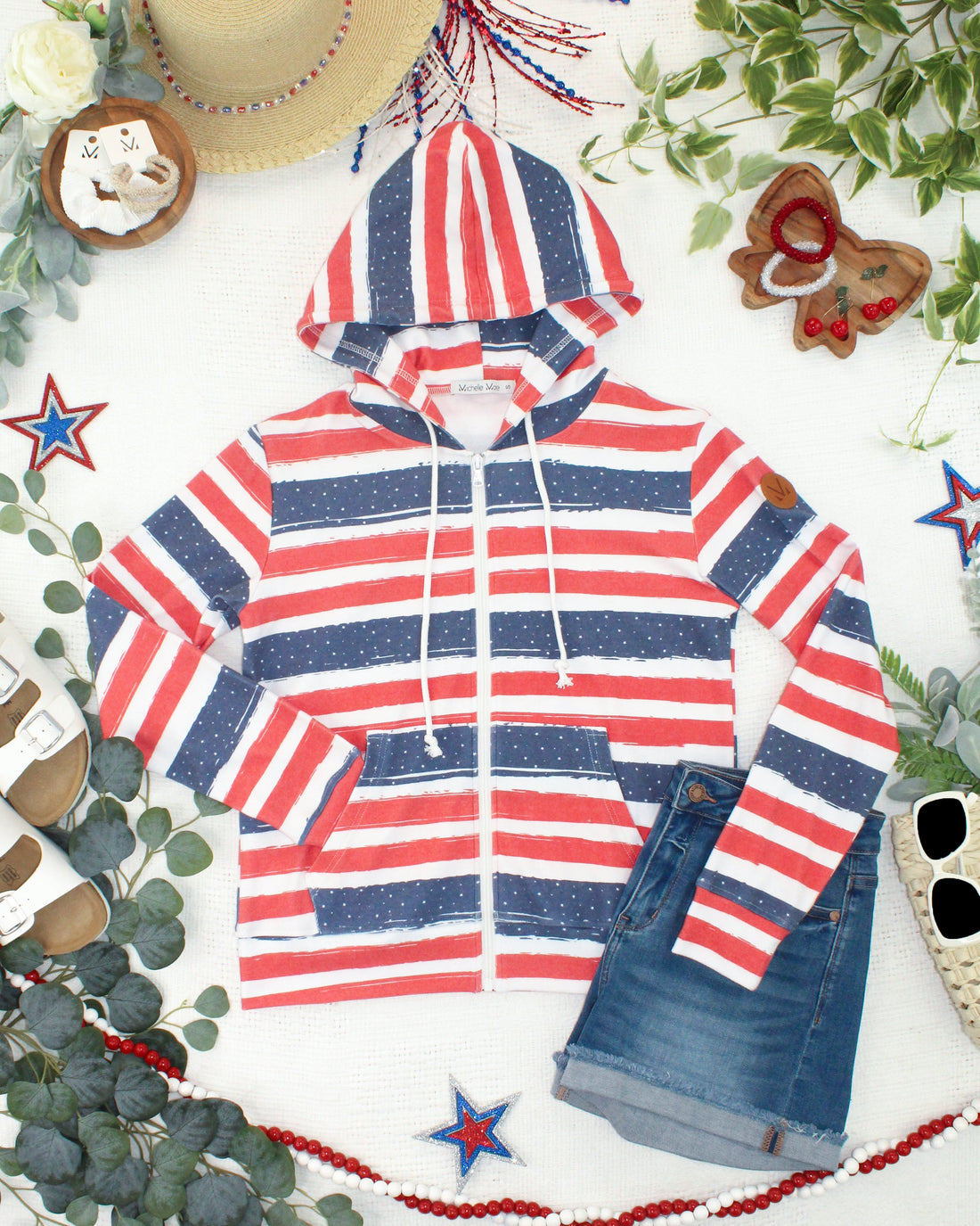 IN STOCK Fullzip Hoodie - Striped Red, White, and Micro Blue Stars
