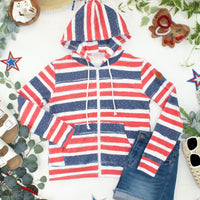 IN STOCK Fullzip Hoodie - Striped Red, White, and Micro Blue Stars