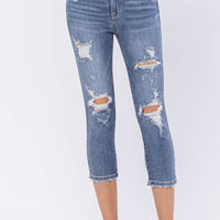 Judy Blue Wren Full Size Distressed Mid-Rise Denim Capri