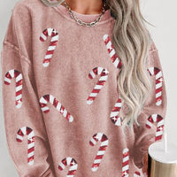 Sequin Candy Cane Round Neck Sweatshirt