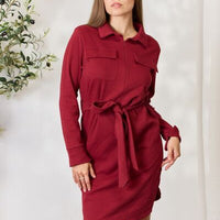 Culture Code Full Size Tie Front Half Zip Long Sleeve Shirt Dress