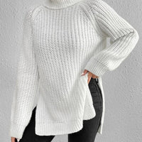 Full Size Turtleneck Rib-Knit Slit Sweater