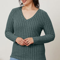 Basic Bae Full Size Ribbed V-Neck Long Sleeve T-Shirt