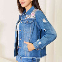 Baeful Leopard Floral Distressed Raw Hem Denim Jacket