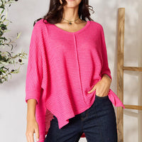 Zenana Full Size Round Neck High-Low Slit Knit Top