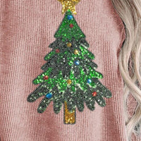 Sequin Christmas Tree Ribbed Drop Shoulder Sweatshirt