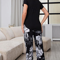 Full Size V-Neck Top and Floral Pants Lounge Set