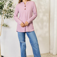 Celeste Full Size Texture Half Button Long Sleeve Blouse