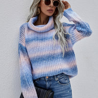 Rainbow Rib-Knit Turtleneck Drop Shoulder Sweater