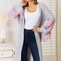 Woven Right Fringe Sleeve Dropped Shoulder Cardigan