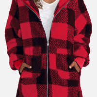 Double Take Full Size Plaid Long Sleeve Hooded Coat