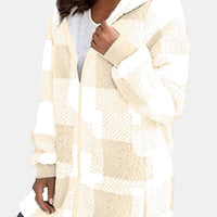 Double Take Full Size Plaid Long Sleeve Hooded Coat