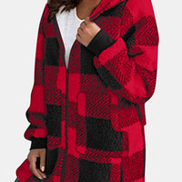 Double Take Full Size Plaid Long Sleeve Hooded Coat