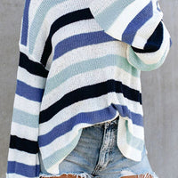 Striped Slit Round Neck Dropped Shoulder Sweater