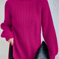 Full Size Turtleneck Rib-Knit Slit Sweater