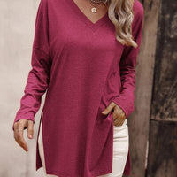 V-Neck Slit Long Sleeve T-Shirt