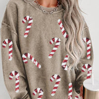 Sequin Candy Cane Round Neck Sweatshirt