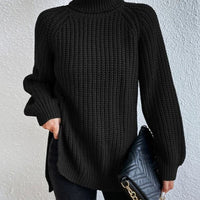 Full Size Turtleneck Rib-Knit Slit Sweater