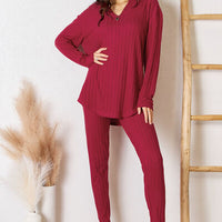 Basic Bae Full Size Notched Long Sleeve Top and Pants Set