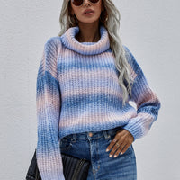 Rainbow Rib-Knit Turtleneck Drop Shoulder Sweater