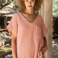 POL Rib-Knit V-Neck Slit High-Low Short Sleeve Sweater