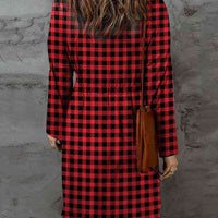 Double Take Full Size Plaid Round Neck Long Sleeve Magic Dress