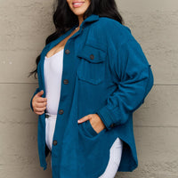 Zenana Cozy in the Cabin Full Size Fleece Elbow Patch Shacket in Teal