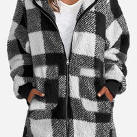 Double Take Full Size Plaid Long Sleeve Hooded Coat