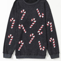 Sequin Candy Cane Round Neck Sweatshirt