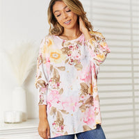 Double Take Floral Round Neck Three-Quarter Sleeve Top