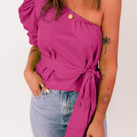 Tied Puff Sleeve One-Shoulder Top