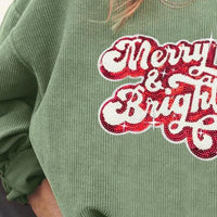 Ribbed Sequin Letter Graphic Round Neck Long Sleeve Sweatshirt