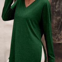 V-Neck Slit Long Sleeve T-Shirt