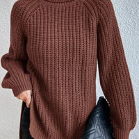 Full Size Turtleneck Rib-Knit Slit Sweater