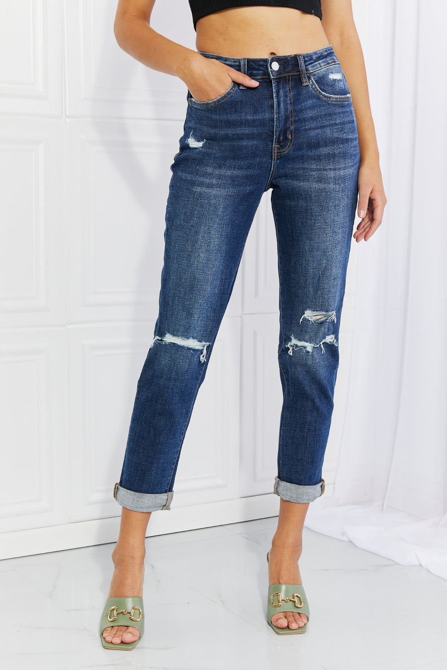 VERVET Full Size Distressed Cropped Jeans with Pockets