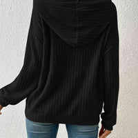 Ribbed Dropped Shoulder Drawstring Hoodie