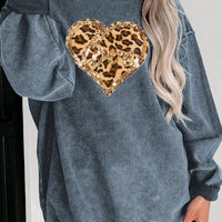 Heart Leopard Sequin Round Neck Sweatshirt