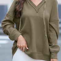 Exposed Seam V-Neck Drawstring Hoodie