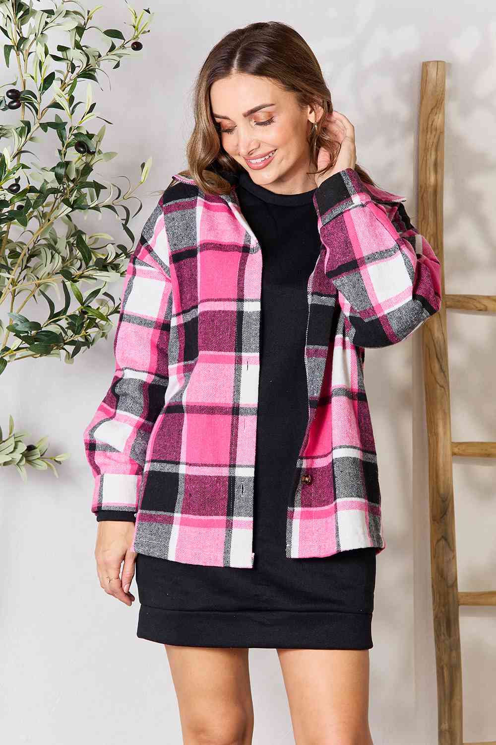 Double Take Plaid Button Up Collared Neck Jacket