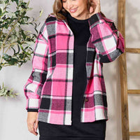 Double Take Plaid Button Up Collared Neck Jacket